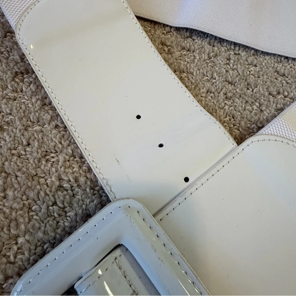Womens White Patent Leather Belt Wide Size M/L Retro Y2K Mesh Stretch Vintage